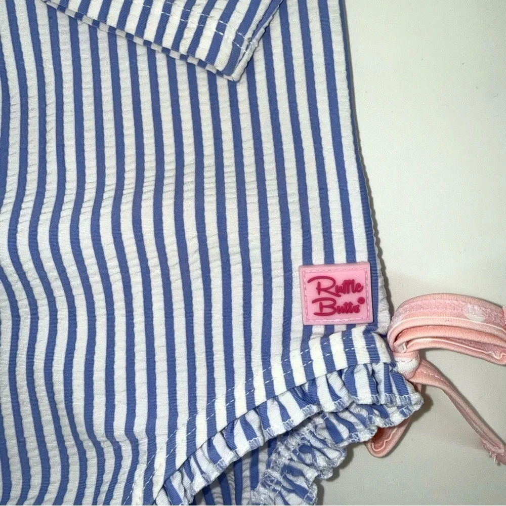 Ruffle Butts Blue, White Seersucker and Pink Polka Dot Baby Swim RashGuard